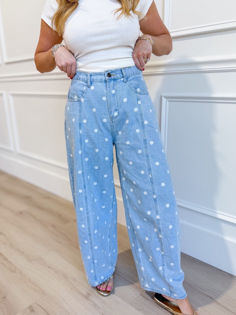 Peach Love California Light Blue Polka Dot Wide Leg Jeans
